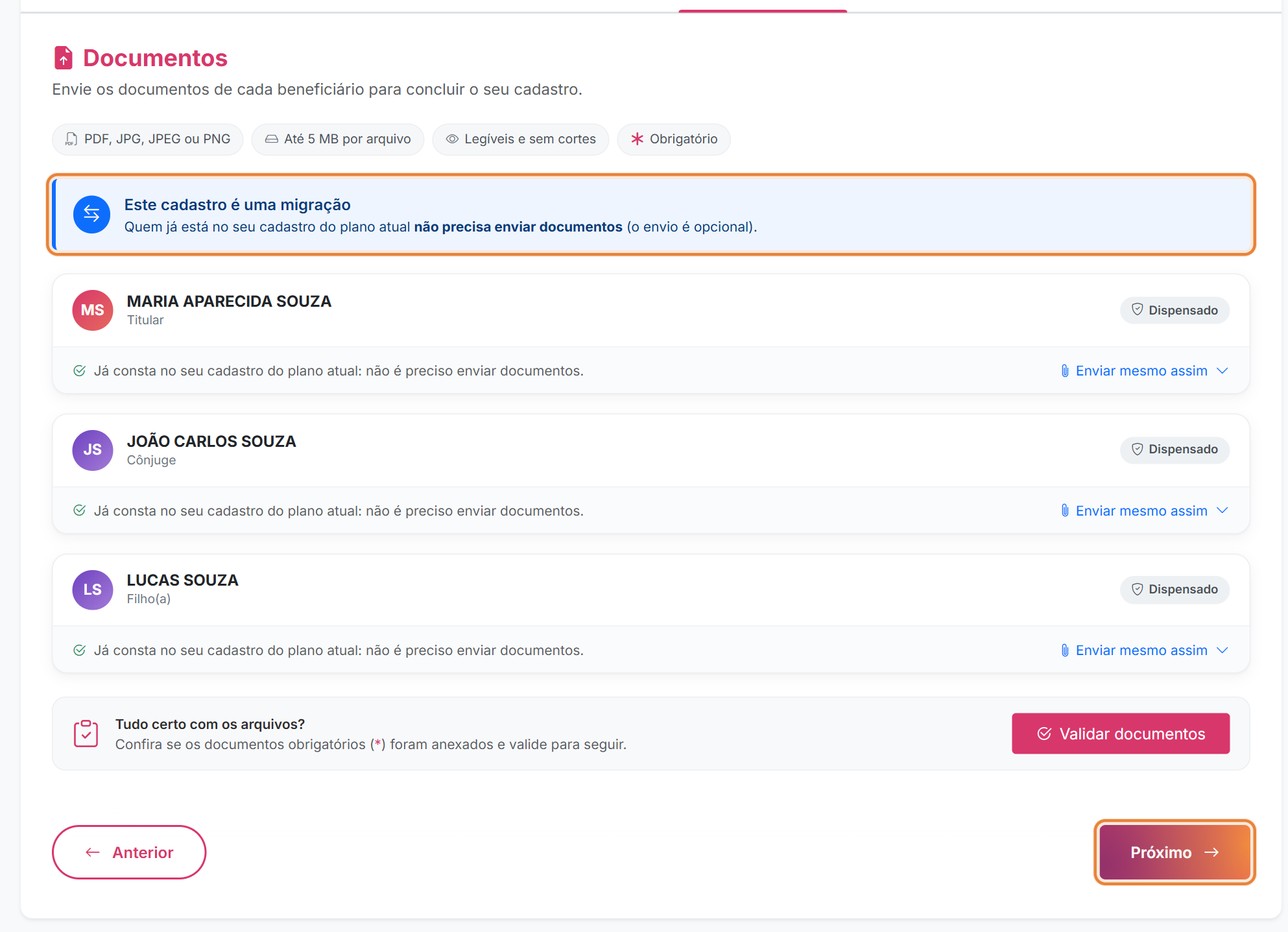 Documentos dispensados