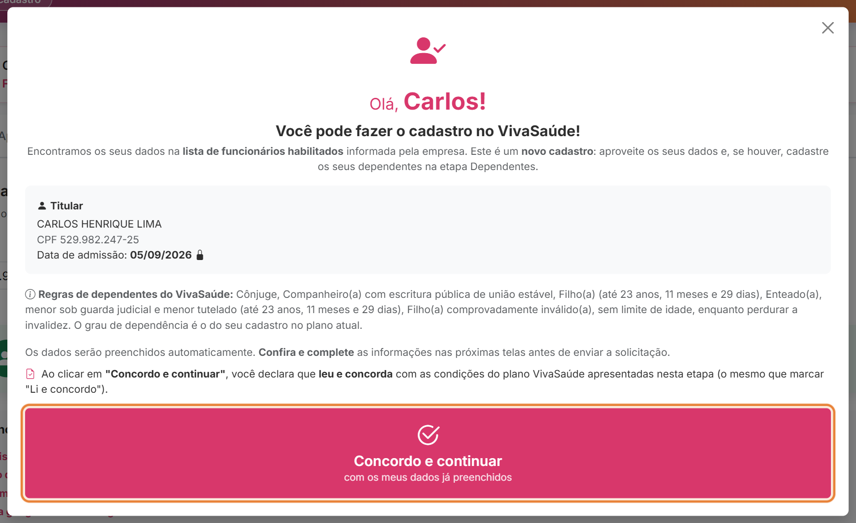 Janela de novo cadastro