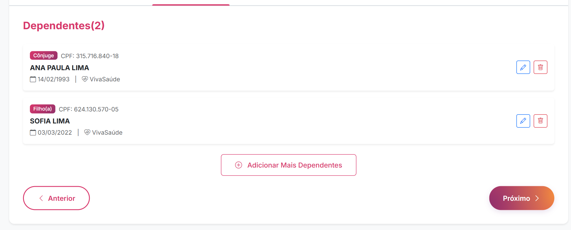 Lista de dependentes