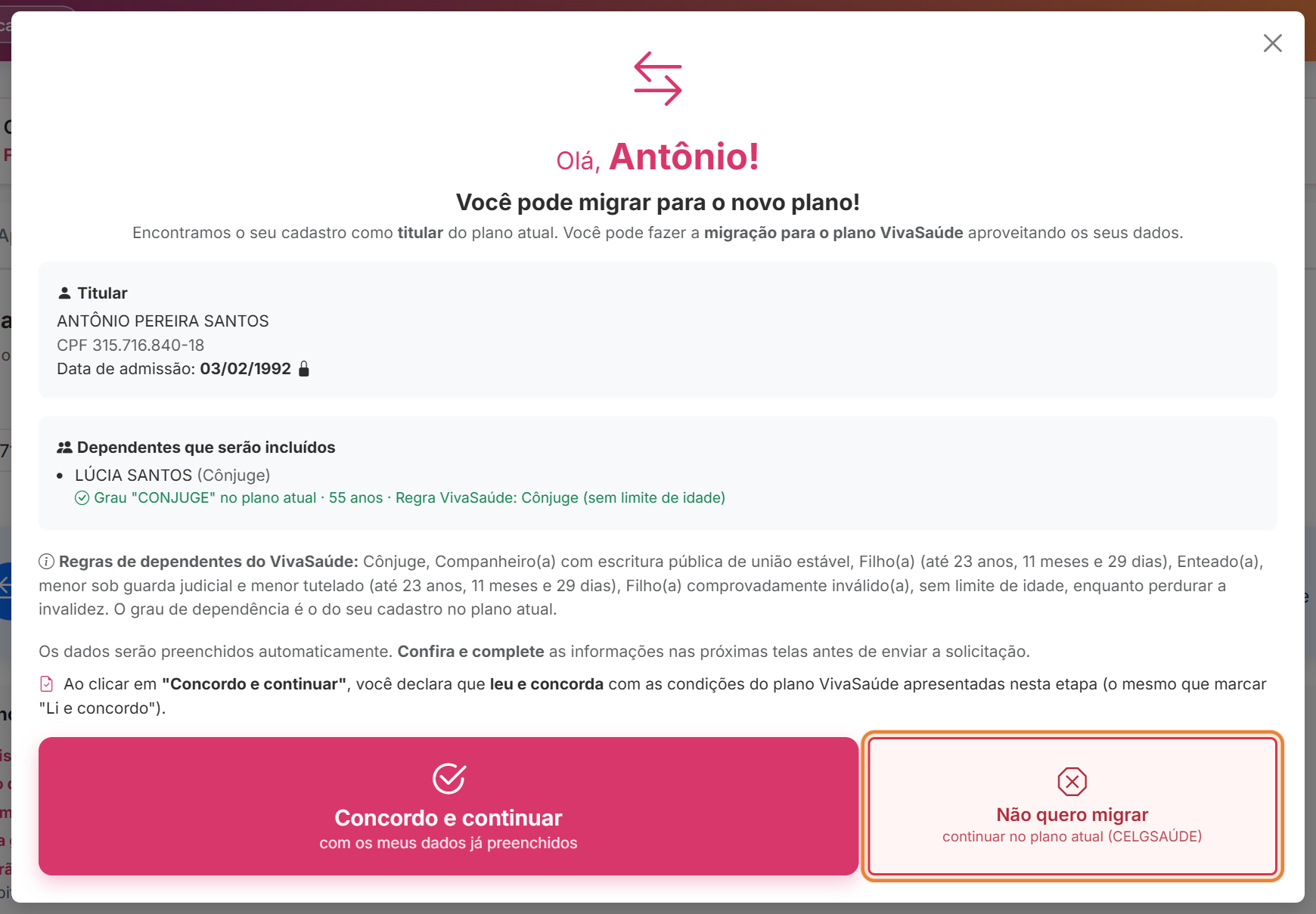 Opção não quero migrar