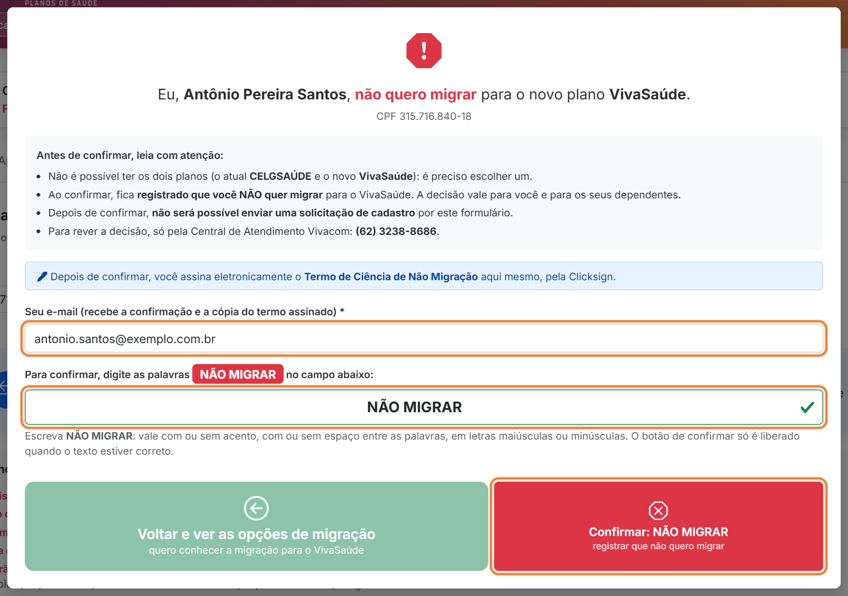 Digitar NÃO MIGRAR